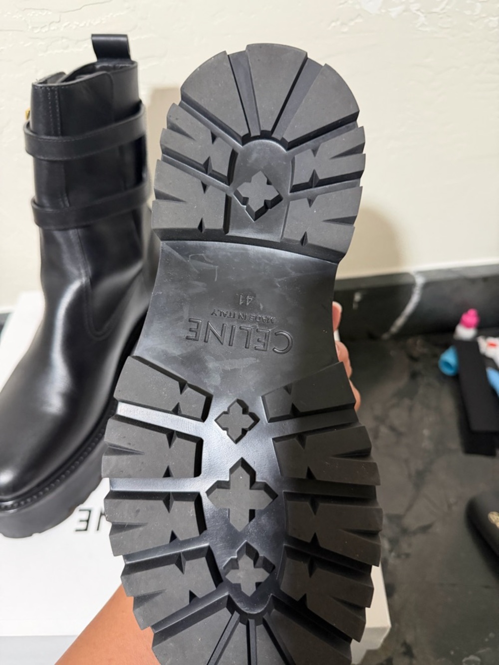 Celine Black Leather Double-Buckle Platform Ankle Boots - Picture 4 of 6